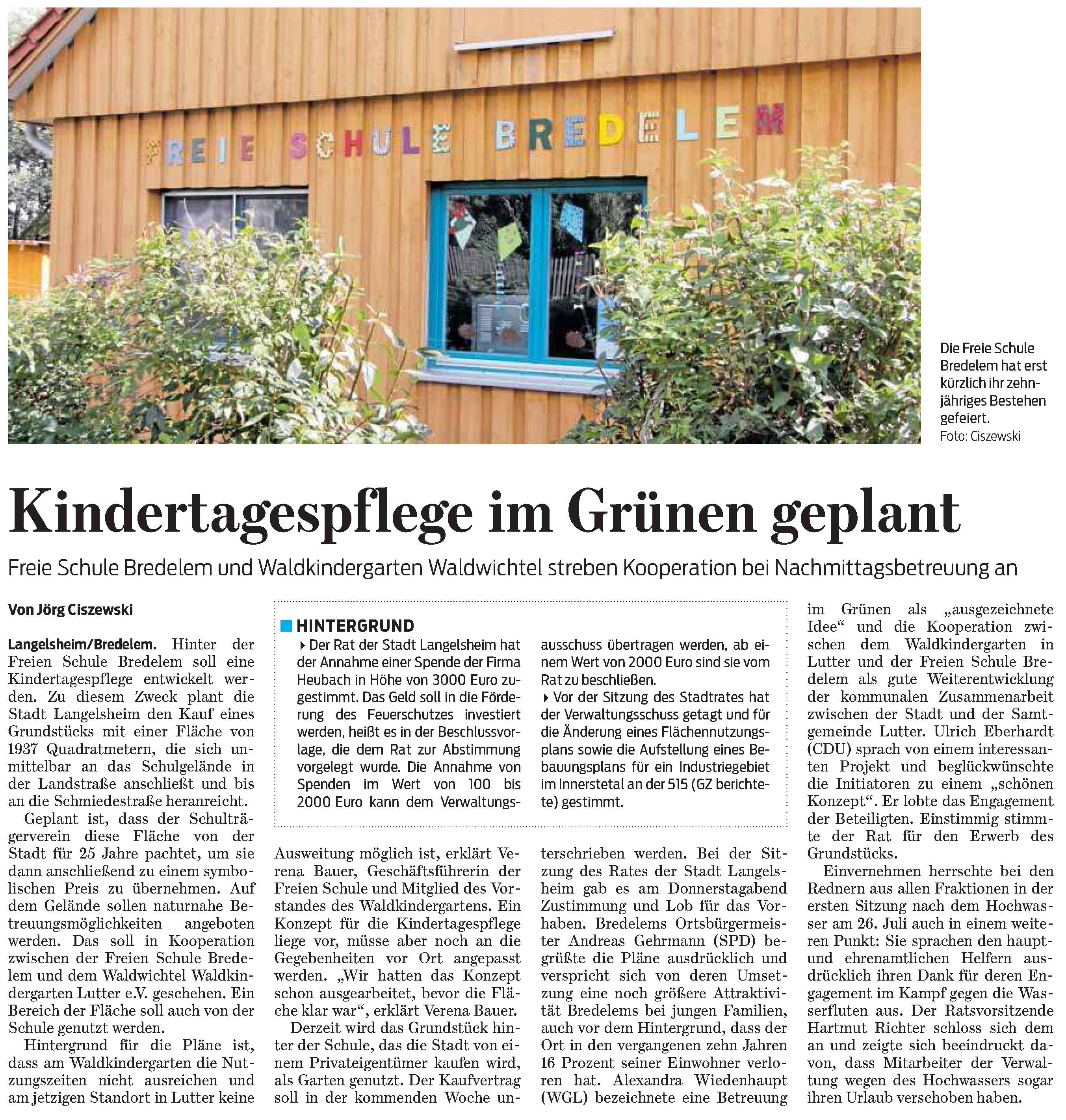 September 2017 - Kindertagespflege im Grünen geplant