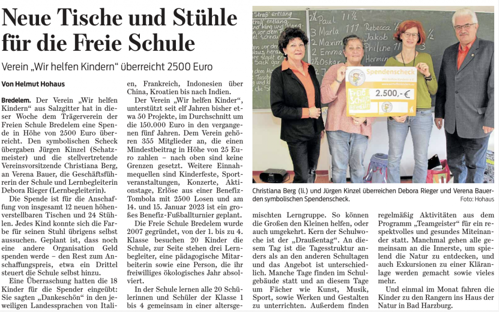 Neue Tische und Stühle für die Freie Schule
